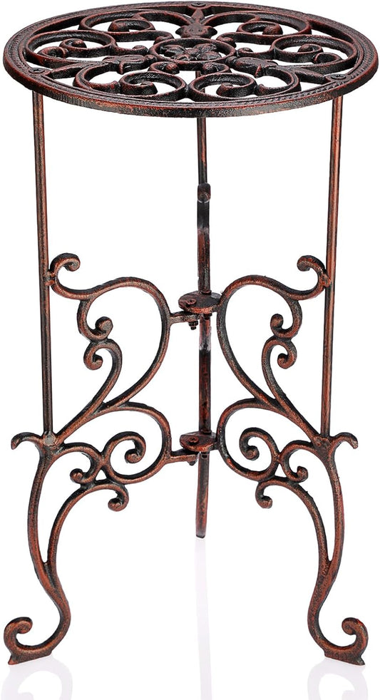 OwnMy Cast Iron Tall Plant Stand Heavy Duty Vintage Wrought Iron Flower Pot Holder, Decorative 1-Tier Potted Plant Holder Rack, Indoor Outdoor Large Metal Plant Stand for Patio Garden, Red Bronze