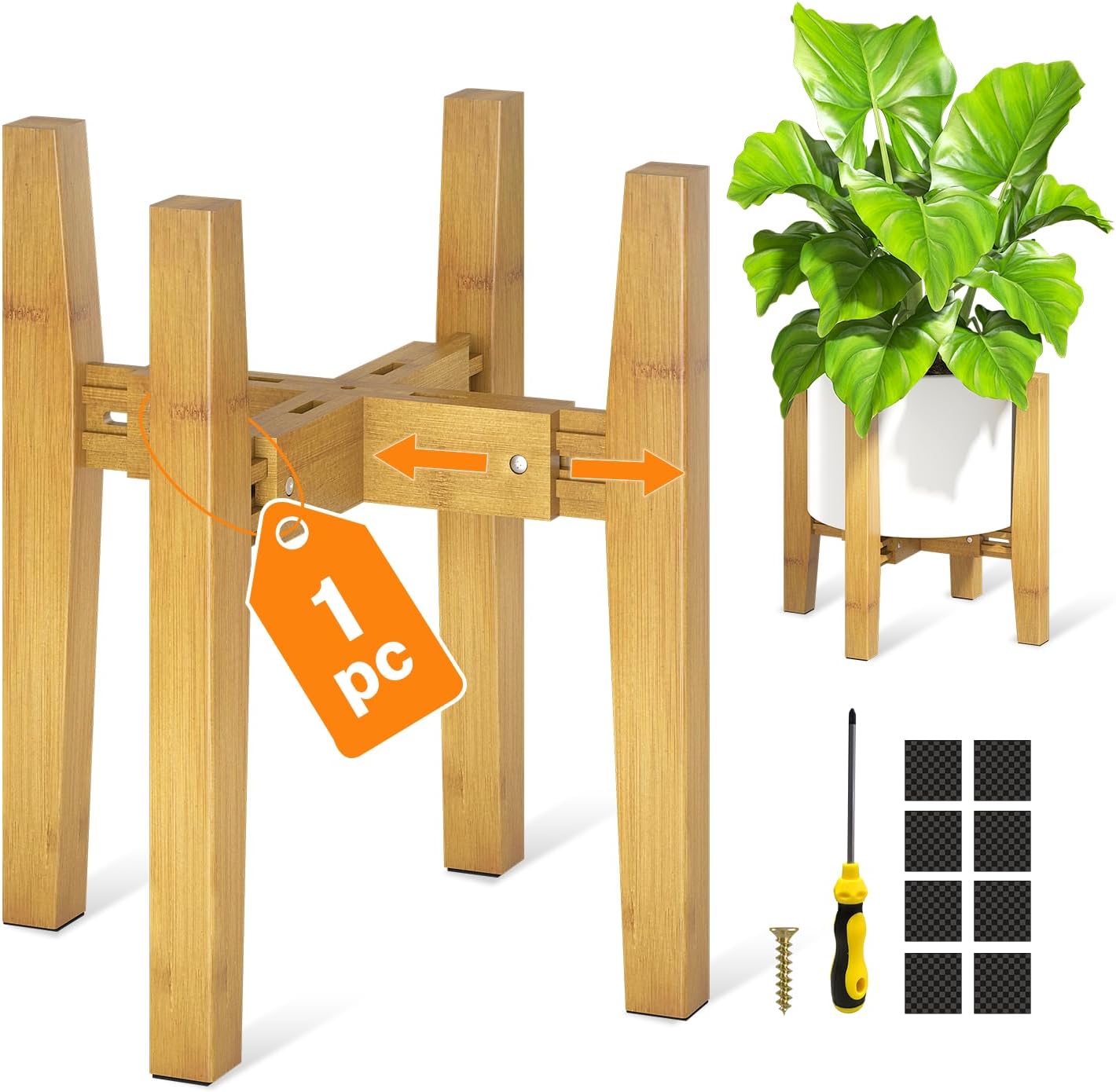 LASZOLA Bamboo Adjustable Plant Stand for Single Large Indoor Planters, Heavy Duty Floor Fern Holder Fits 8 to 12 Inch Pots, Mid Century Elevated Big Stool for Flower– Pot Not Included, Walnut, 1 Pack