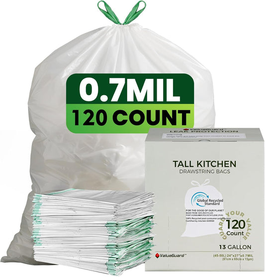 Large Trash Bag 13 Gallon Tall Drawstring 100% Post-Consumer Recycled Garbage Bag Waste Bag for