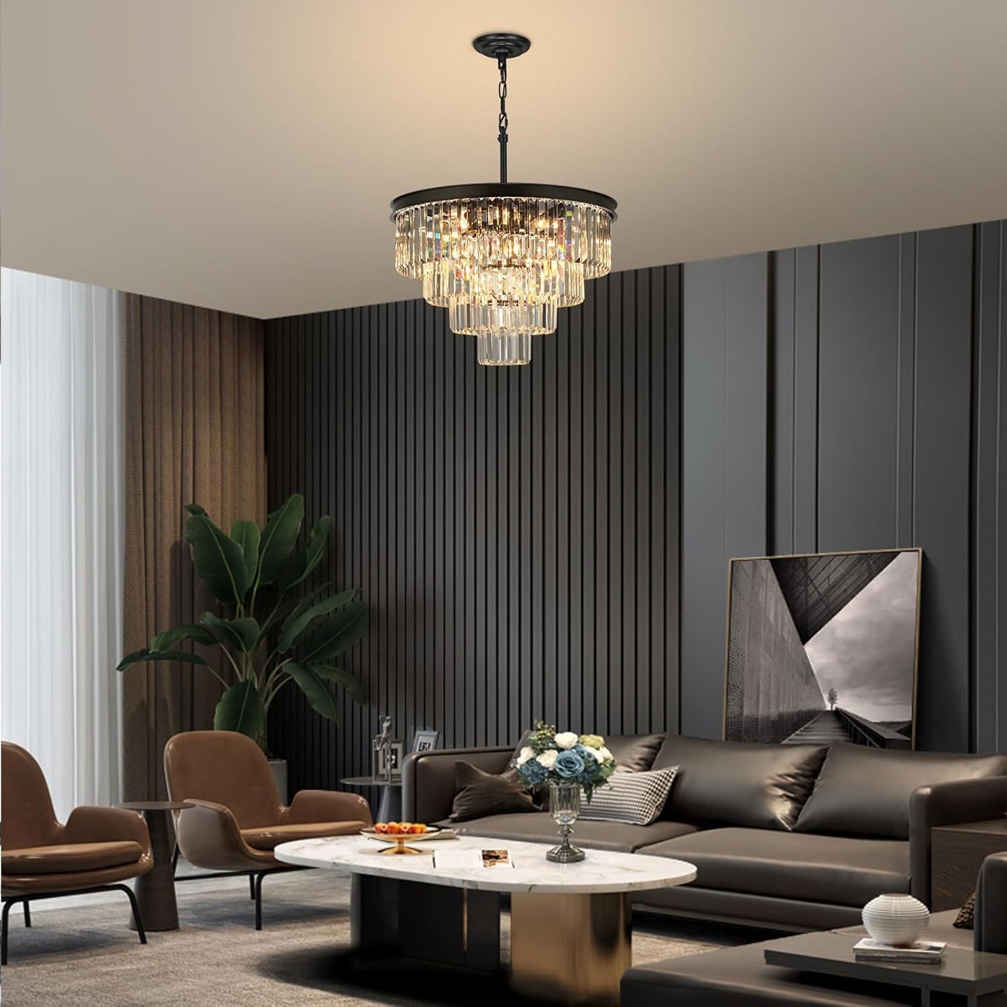 Crystal Chandeliers for Dining Room Lights Fixture Over Table, 15 Lights Black Modern Chandeliers for Living Room, 4-Tier Round Crystal Lighting Fixtures for Bedroom Entryway Kitchen Island D24 Inch