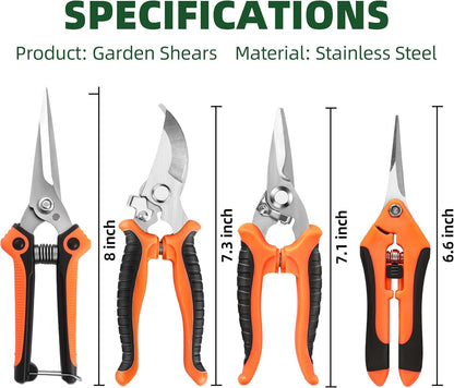 4 Pack Garden Pruning Shears, Stainless Steel Garden Shears, Gardening Shears, Garden Scissors, Clippers, Pruning Snips, Pruning Shears for Gardening Tools (Orange)