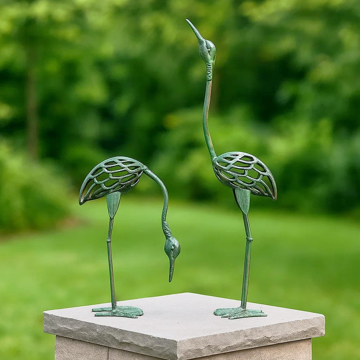 Seraphic Cast Iron Metal Crane/Heron Bird Garden Art Sculptures Statues for Indoor or Outdoor Lawn Decor, Antique Green, Set of 2