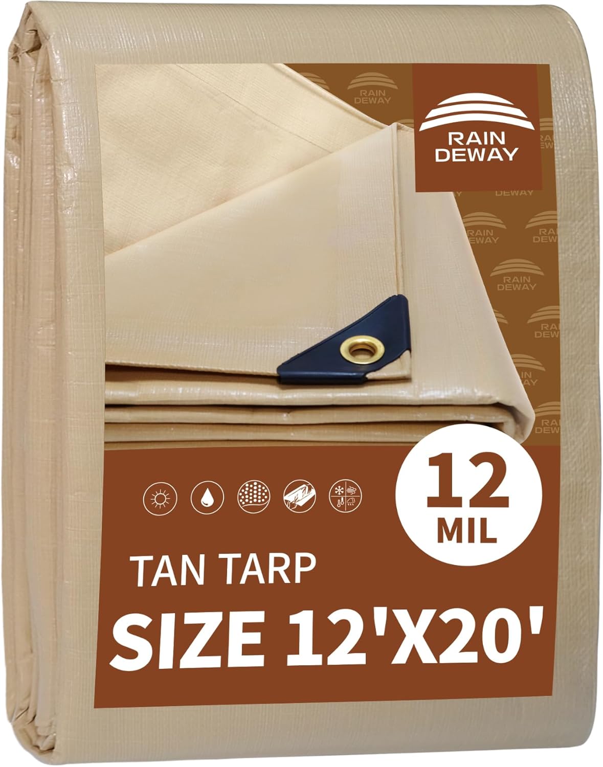 RAINDEWAY 12x20 Feet Heavy Duty Tarp,12 Mil Tan Waterproof Poly Tarp Cover,UV Resistant,Weatherproof,Durable,Multipurpose Tarps with Grommets and Reinforced Edges