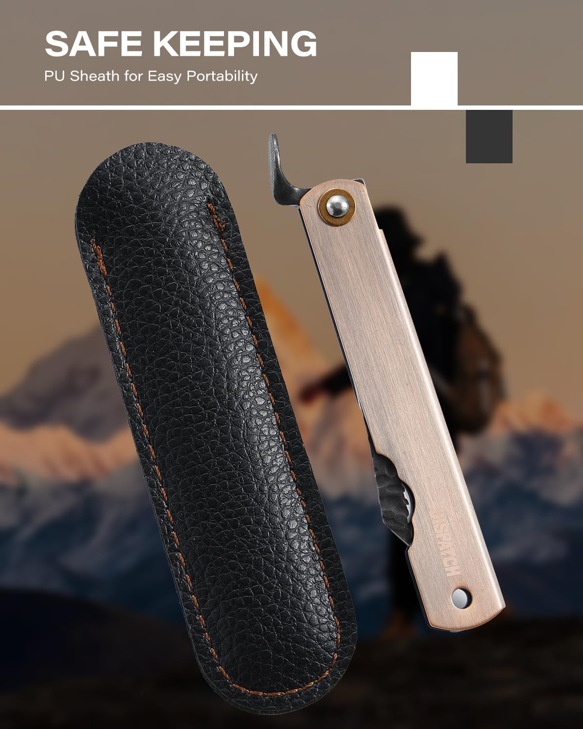 Dispatch EDC Pocket Knife, 2.8" Full Panel Plain Edge Blade Folding Knife with 7Cr13Mov Black Stonewashed Forged Blade & Red Bronze Electroplated Handle, Includes Black PU Sheath