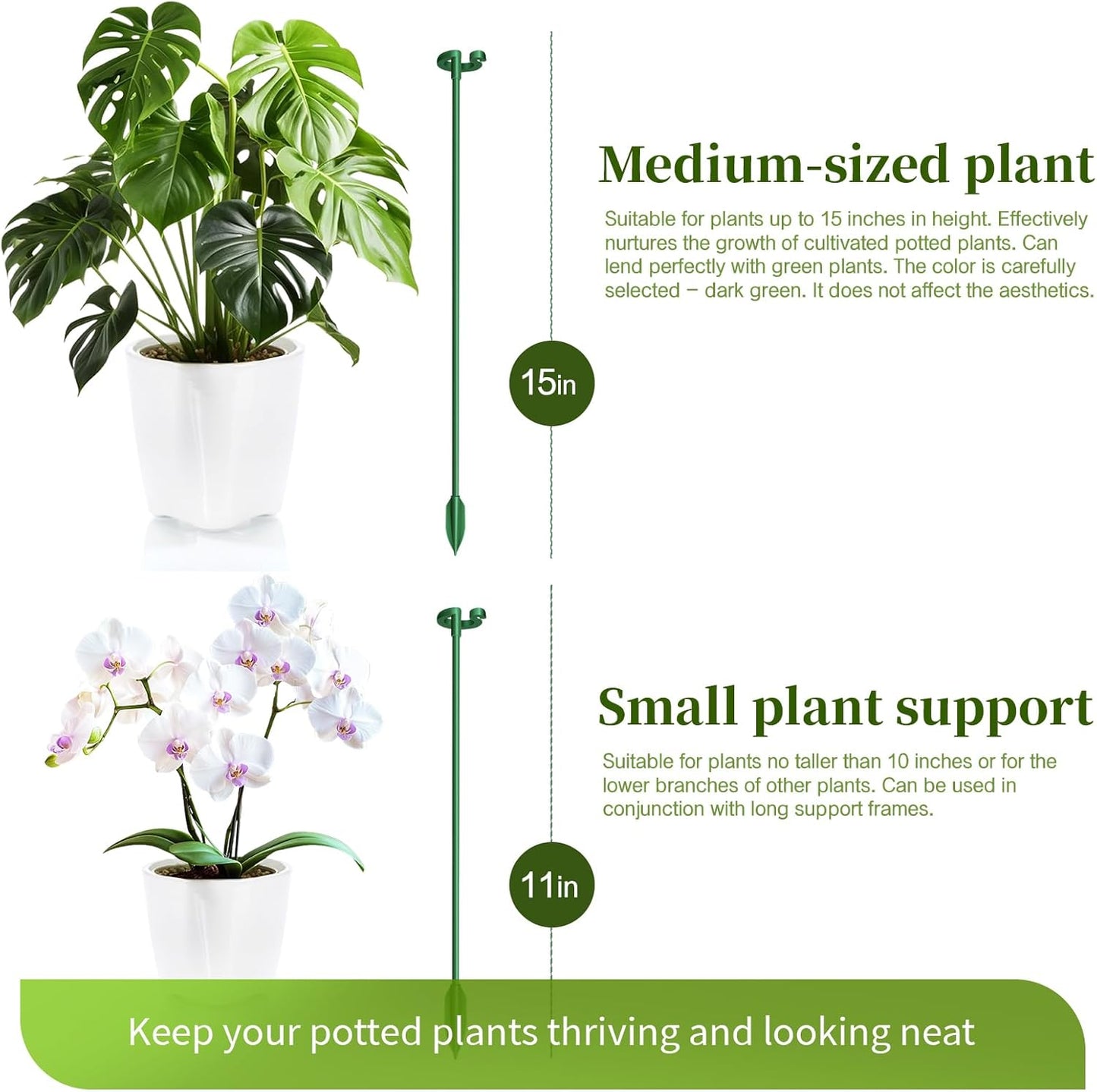 Fiberglass Plant Stakes 15-Pack - 10.8" & 14.6" Plant Support Sticks for Potted Plants, Veggies & Vines | Adjustable Stem Clips | Garden Stake for Tomatoes, Cucumbers, Climbing Flowers
