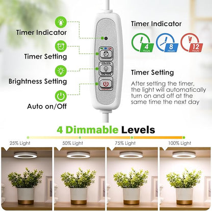 LORDEM 6.3” Ceiling Grow Light for Indoor Plants, 144 LEDs Full Spectrum Halo Grow Lamp, Under Cabinet Plant Lamp with 4/8/12H Auto Timer, 4 Dimmable Brightness Levels, Ideal for Pot Plants, Dual Head