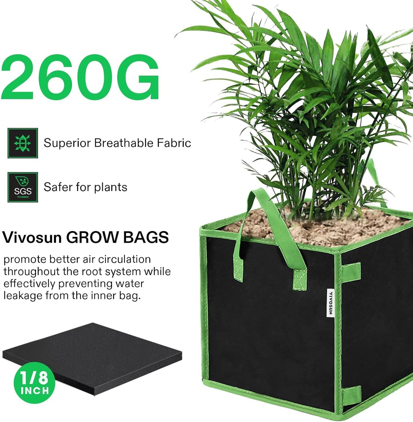 VIVOSUN 5 Pack 3 Gallon Square Grow Bags, Thick Nonwoven Cubic Fabric Pots with Handles for Indoor and Outdoor Gardening