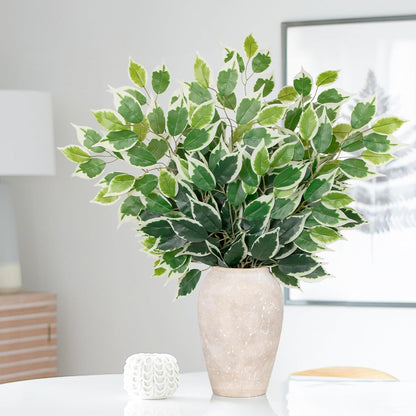 24PCS Ficus Leaves Artificial Branches - 24" Faux Ficus Greenery Tree Branches - Fake Leaves Sprays for DIY Arch Wedding Wall Decor - Green & White