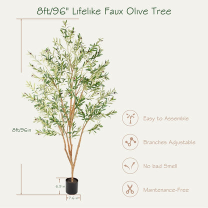 Bellacat 8ft Super Fuller Faux Olive Tree with Multiple Real Wood Trunks, 96in Olive Trees Artificial Indoor with Realistic Fruits & Leaves, Fake Olive Tree for Indoor & Outdoor Home Office Décor