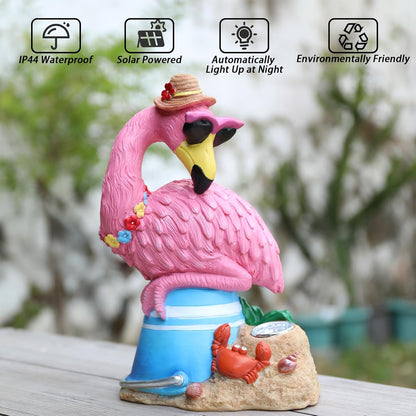 Flamingo Garden Statue Outdoor Decor, Resin Garden Flamingo Figurine Sculpute with Solar Lights for Yard Porch Lawn Decorations, Outdoor Statues Housewarming Flamingo Gifts for Women