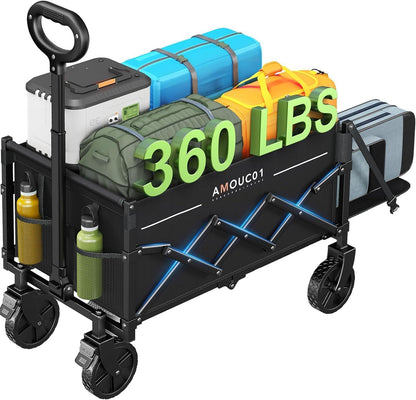 AMADA HOMEFURNISHING Wagon Cart Foldable, Collapsible Wagon Cart with 360 LBS Max Load & Expandable Storage, 90L Foldable Grocery Cart with 2 Cup Holders for Outdoor, Groceries, Garden & Camping