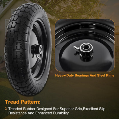 HQPASFY 14.5" Flat Free Tire 4.80/4.00-8 Wheelbarrow Tire and Wheel, 3" Centered Hub, 5/8" & 3/4" Bearings Replacement for Wheelbarrows, Garden Carts, Dump Carts, Lawn Equipment
