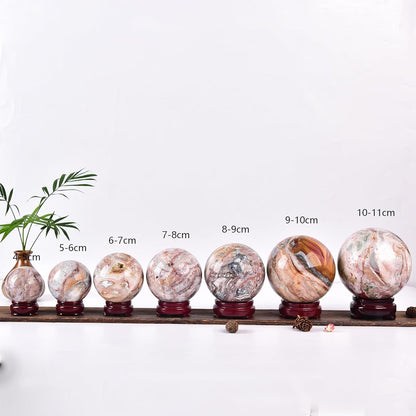 JIC Gem Striped Agate Crystal Ball with Wooden Stand Healing Crystal Sphere Ball for Feng Shui Decor Spiritual Gifts 60-70mm