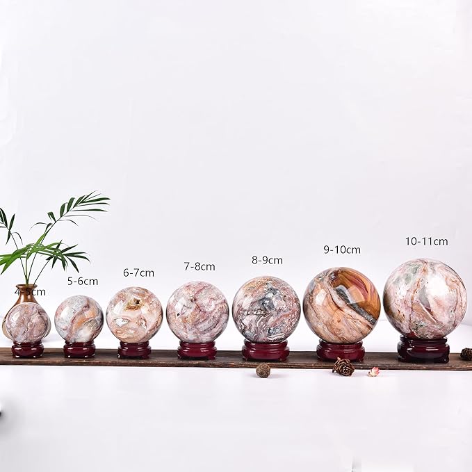 JIC Gem Large Striped Agate Crystal Sphere Ball with Wooden Stand Healing Crystal Decorative Ball Meditation Feng Shui 90-100mm