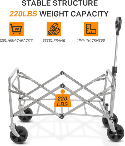 Collapsible Beach Wagon with Big All-Terrain Wheels for Sand, Grocery Shopping, Park Picnic, Camping, Beach Trip