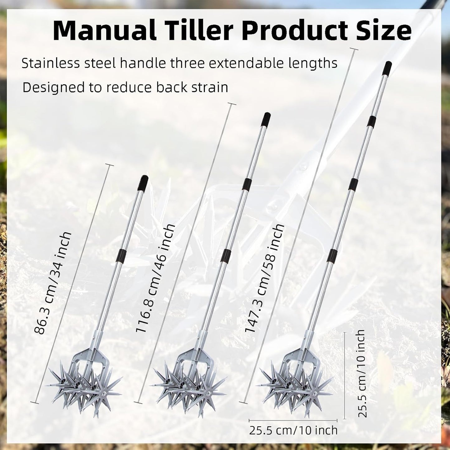 Rotary Cultivator, Adjustable Hand Tiller Garden Tool with Detachable Solid Metal Tines for Loosing and Mixing Soil,2-in-1 Manual Tiller Garden Cultivator for Reseeding Grass 58 Inch