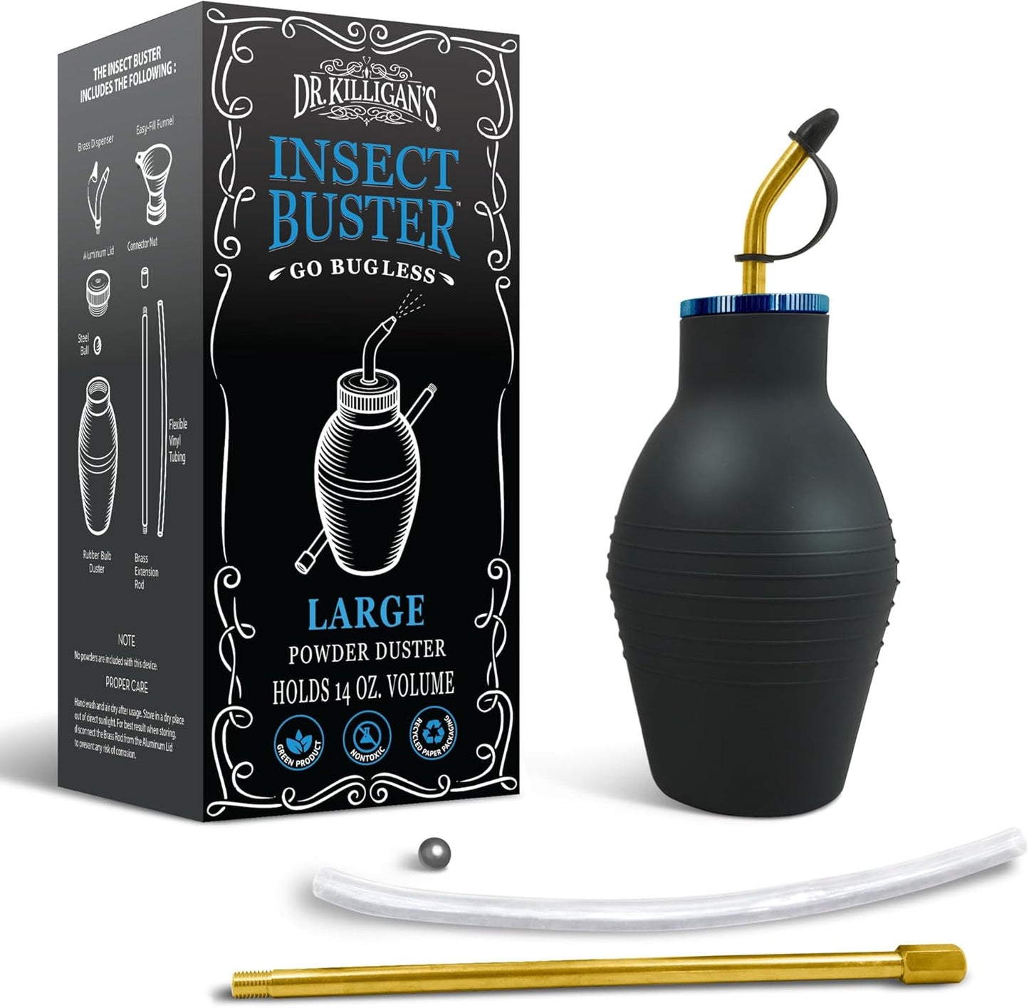 Dr. Killigan's The Insect Buster - Bulb Duster, Sprayer, Applicator, Dispenser for Diatomaceous Earth and Other Powders - Effective Dust Application Tool - Large (14oz)