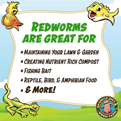 Uncle Jim's Worm Farm 1000 Count Red Wiggler Composting Worms Mix for Garden Soil or Fishing | Pack of Compost Worms Improves Soil Structure and Quality for Healthier Gardens