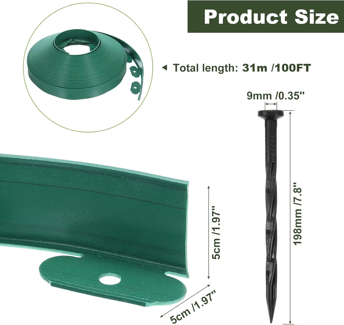 uxcell Landscape Edging, 1Pcs 100FT x 2" - No Dig Garden Edging Kit with 93 Stakes, Landscape Edging Border for Garden Lawn Flower Bed Yard Grass (Green)