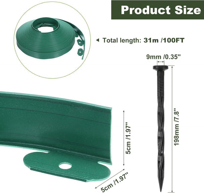 uxcell Landscape Edging, 1Pcs 100FT x 2" - No Dig Garden Edging Kit with 93 Stakes, Landscape Edging Border for Garden Lawn Flower Bed Yard Grass (Green)