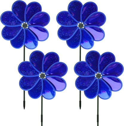 4PCS Flower Wind Spinner Sparkly Lawn Pinwheel 11.8 inch Dark Blue Garden Windmill for 4th of July, Garden, Party, Outdoor, Yard Decor
