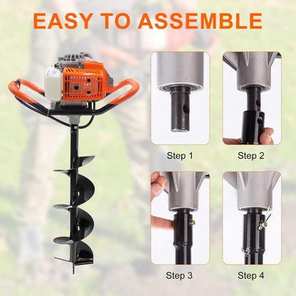 72CC Newly Upgraded Post Hole Digger Gas Powered, 2 Stroke Auger Post Hole Digger with 3 Drill Bits (4" &6" & 12") + 2 Extension Rod for Planting - Ideal for Farm & Garden