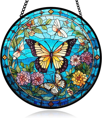 Butterfly Stained Glass Window Hanging, Suncatcher Panel for Window Decor for Indoor Outdoor, Garden Wall Stained Glass for Home, Butterfly Ornament Birthday Gifts for Boys and Girls, Housewarming