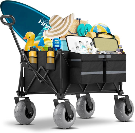 Heavy Duty Beach Wagon with 9" Big Wheels for Sand - 450lbs Load Foldable Wagon with Adjustable Handle & Cooler Bag, Collapsible Beach Cart for Shopping Garden Sports Camping Outdoor