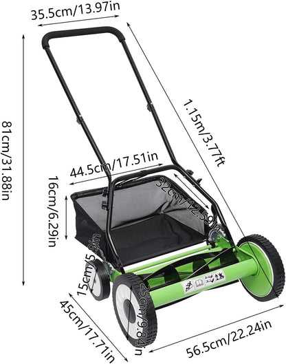 16 Inch 5-Blade Push Reel Lawn Mower, Cordless Manual Lawn Mower with Grass Catcher, Adjustable Cutting Height, Walk-Behind Lawn Mowers for Yard, Garden