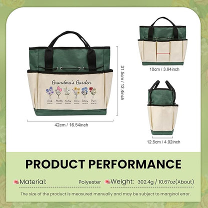 Personalized Garden Tools Set for Women: Custom Text Garden Tool Bag and Garden Shovel & Transplant Shovel & Hand Rake - Gardening Gifts for Mom Grandma Gardening Lover (6 Flowers)