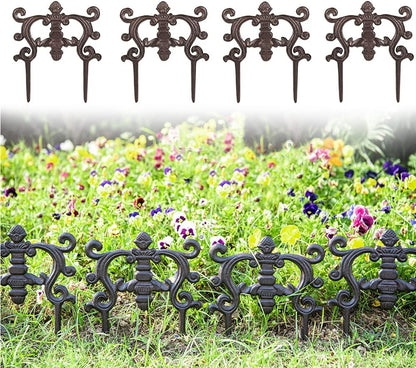 Sungmor Decorative Cast Iron Flower Bed Edging for Landscaping, 4PC Heavy Duty & Sturdy Low Garden Fence, 9.4" Tall Small Picket Fence, Pretty Vintage Lawn Edge Barrier, Outdoor Yard Decor Stakes