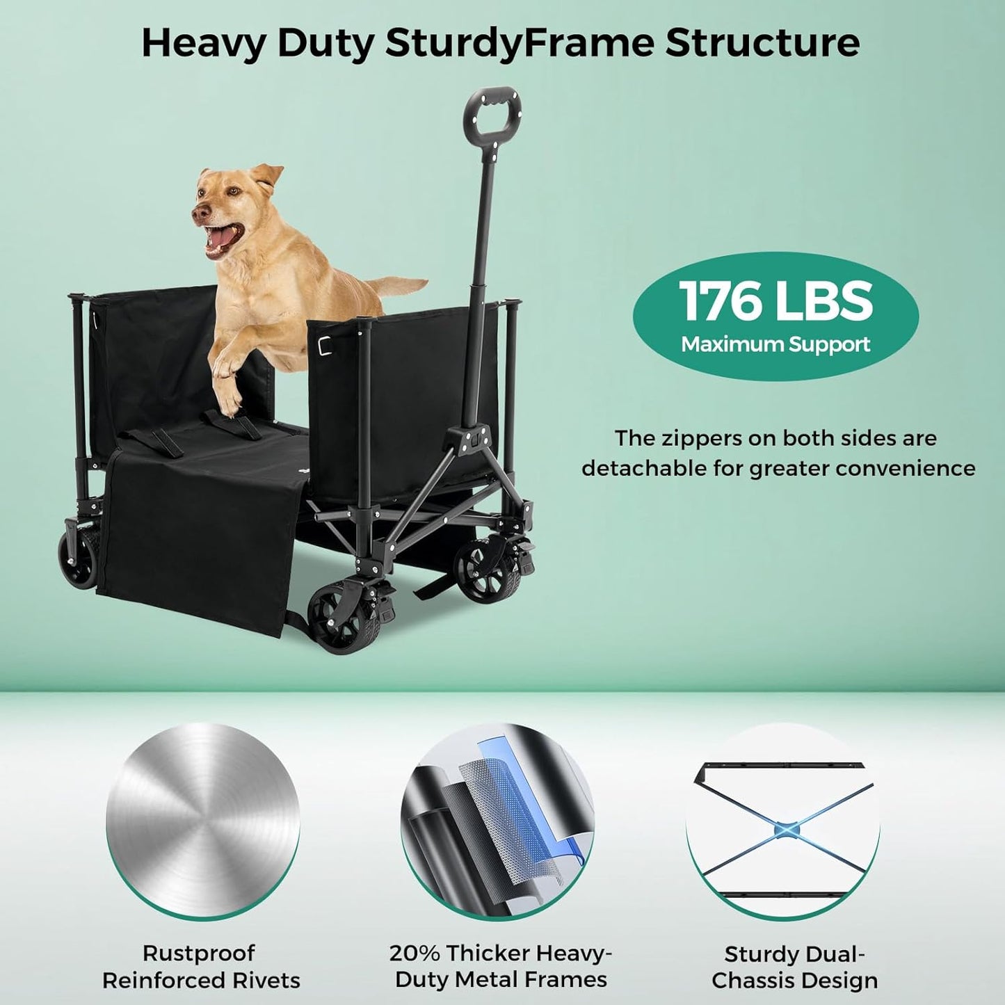 SUNNYFEEL Wagon Cart Foldable, Standard Borderless Version Collapsible Wagon with 220 LBS Max Load, Up to 120L Foldable Grocery Cart with Side Opened for Outdoor, Garden & Camping,Black