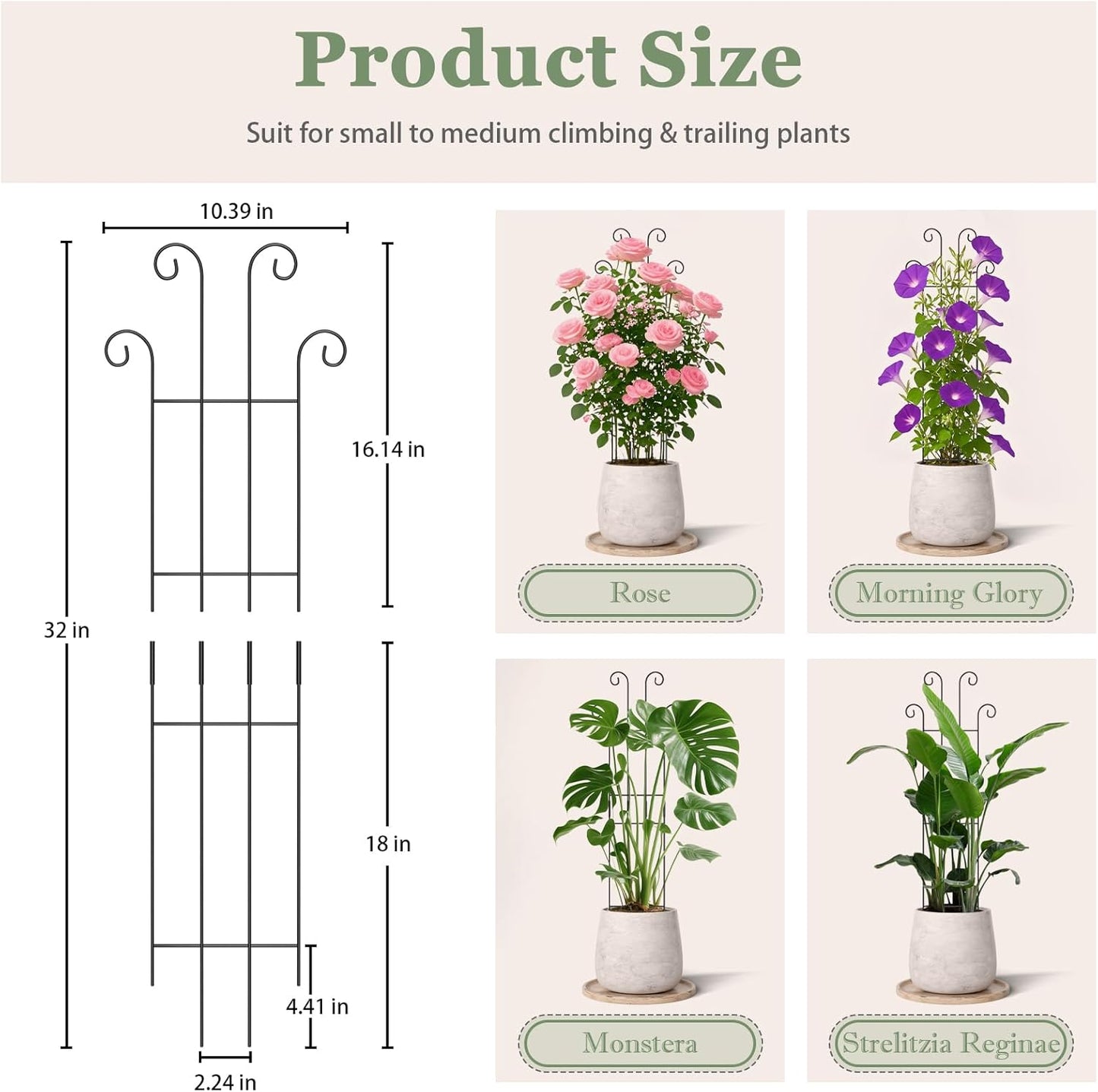 2 Set 32'' Taller Plant Trellis for Climbing Plants Indoors & Outdoor, Garden Metal Trellis Plant Support for Potted Plants, Houseplants, Flowers Vine, Ivy, Pothos, Monstera