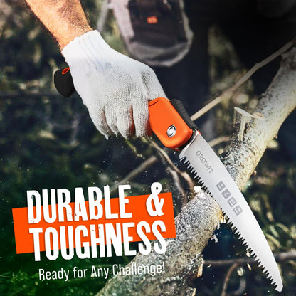 9-Inch Folding Camping Saw - Heavy Duty Pruning Saw with Triple-Cut SK5 Blade, 7 TPI Razor Teeth for Tree Trimming, Wood Cutting, Camping, Bushcraft, and Gardening Work