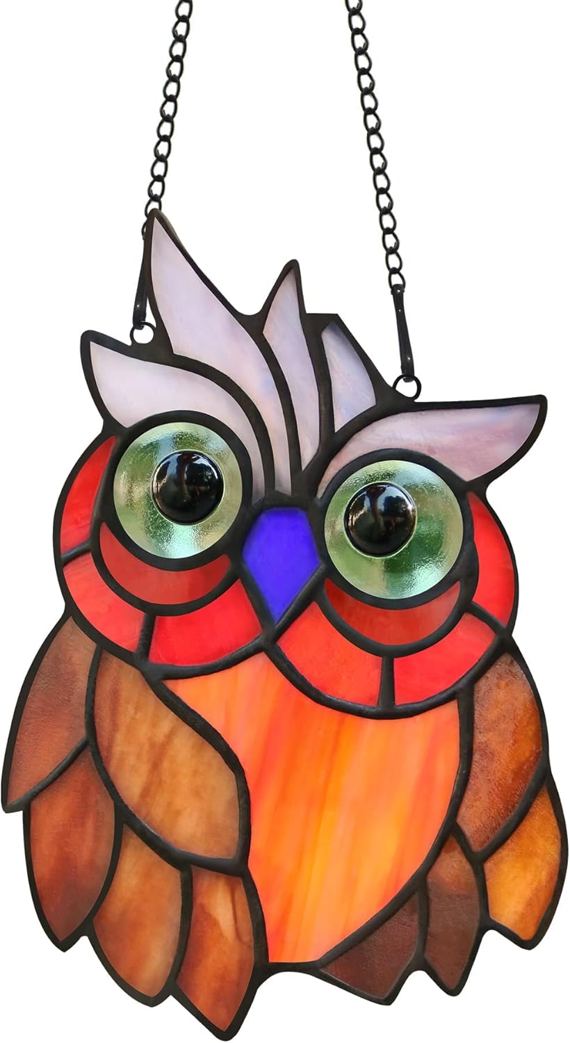 Owl Bird Stained Glass Window Hanging Suncatcher,Bird Decor Wall Art for Living Room Bedroom Kitchen Window, Birthday Gift for Women