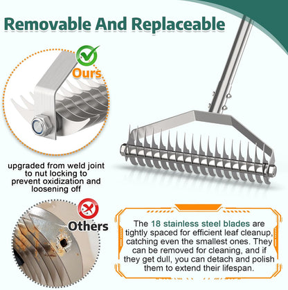 Lawn Rake for Yard, 304 Stainless Steel Thatch Rake for Lawns - Heavy Duty Dethatcher Blades with Adjustable Handle , Efficient Dethatching Rakes for Cleaning Dead Grass, Loosening Soil