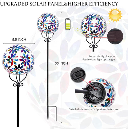 VCUTEKA Solar Outdoor Lights Garden Decor Mosaic Solar Garden Lights Waterproof Glass Ball LED Pathway Stake Light for Landscape Lawn Patio Yard Decoration 6 inch, Multi