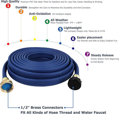 Garden Flat Soaker Hose 1/2 in x 25ft,More Water Leakage, Heavy Duty Metal Hose Connector Ends, Perfect Delivery of Water,Garden Flower Bed and Vegetable Patch,Landscaping, Savings 80% Water