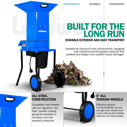 Landworks Electric Leaf Mulcher & Shredder - 15-AMP, 1800W, Steel Construction, 11" Blades, 0.5" Cutting Capacity, 120V AC for Dry Leaves, Grass, & Yard Clippings