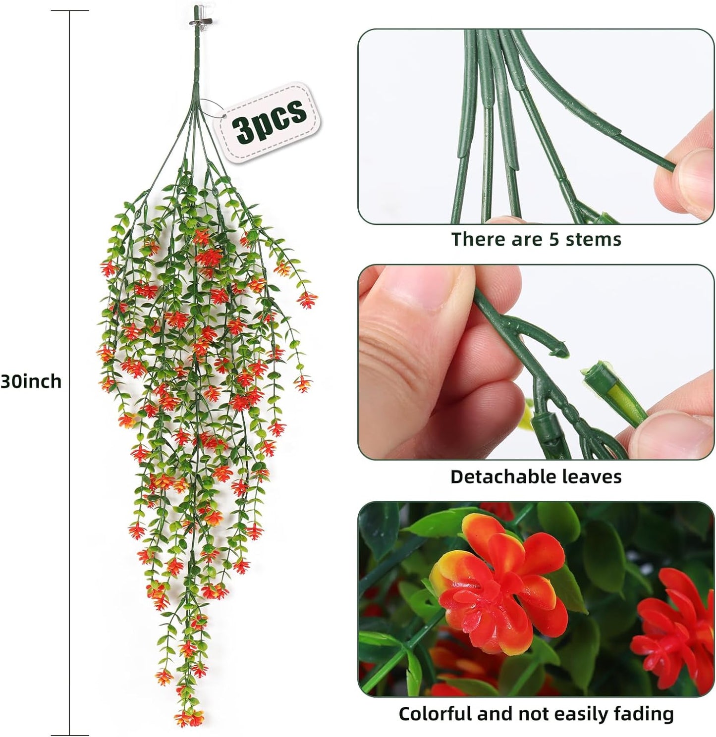 Faux Hanging Plants Hanging Greenery Outdoor Artificial Vines for Outdoors Hanging Plants with Flowers Artificial Hanging Plants Indoor Outdoor Wall Garden Wedding Interior Decoration(Orange Red)