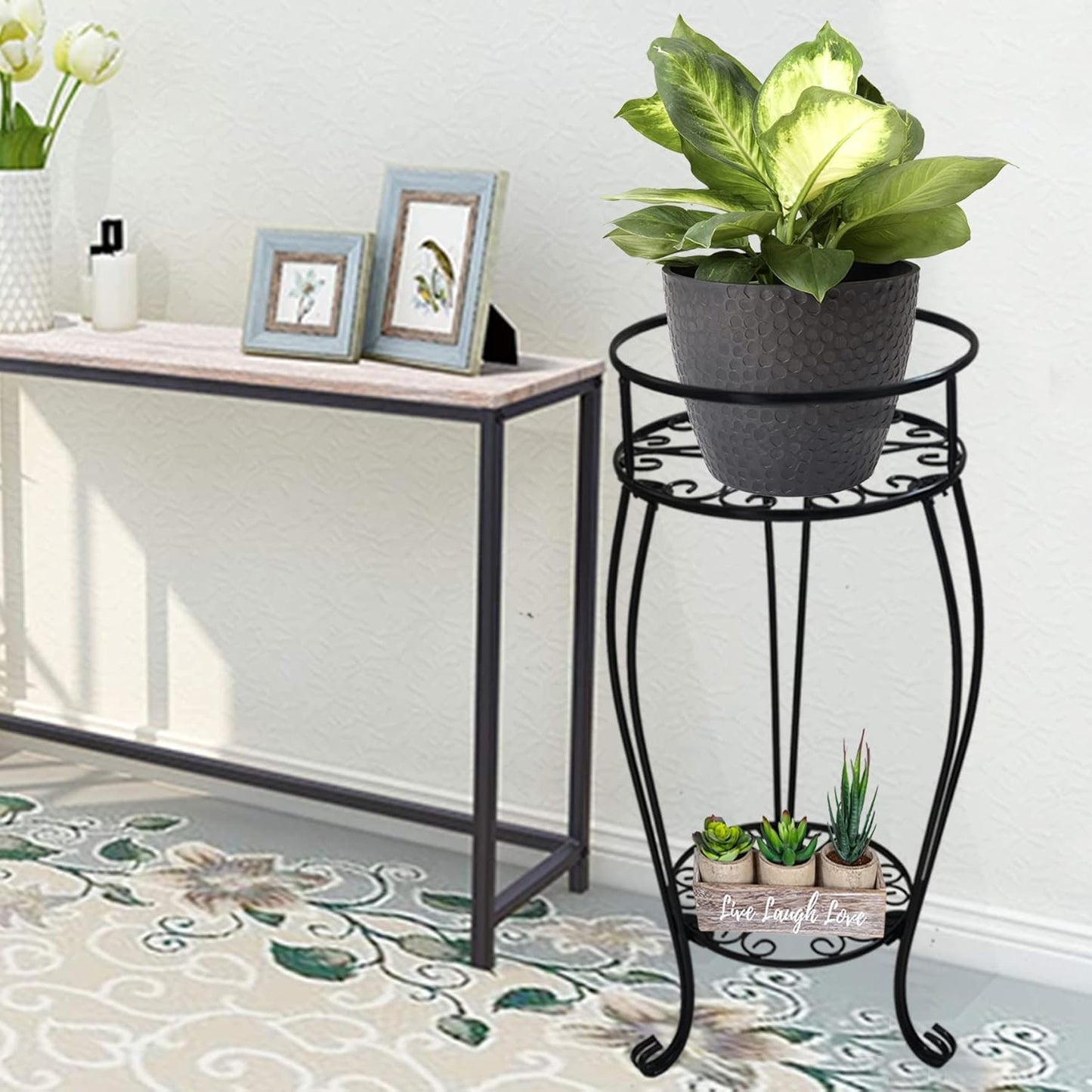 CASIMR 2 Tier Plant Stand, 2-Pack 28.1 inch Tall Metal Potted Holder Rack,Indoor Outdoor Multiple Flower Pot Shelf Rustproof Iron Garden Container for Garden Patio Living Room Corner Balcony, Black