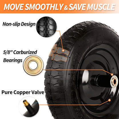14.5" Wheelbarrow Tire, 3.50-8” Pneumatic Tire, Universal Wheelbarrow Wheel for 4.80/4.00-8”, 4.00-6”, and 2.50-8”, with 6" Centered Hub, 5/8" Axle Bore Hole, Sealed Bearings