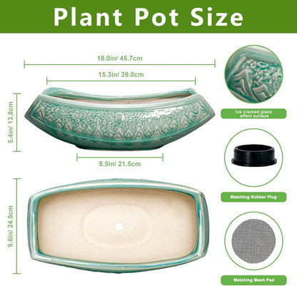 Bonsai Tree Pot - 18 Inch Ceramic Succulent Pots for Indoor Outdoor, Large Bonsai Planter with Drainage Hole, Ceramic Flower Pot, Decorative Planter, Gifts for Plant Lovers, Room Decor, Green