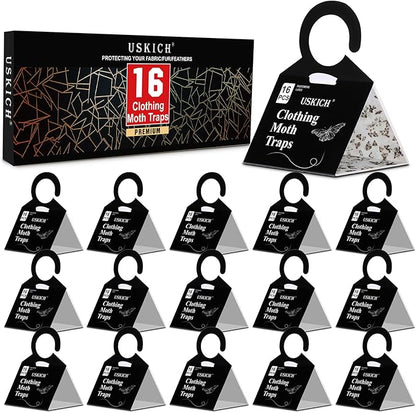 USKICH Clothes Moth Traps with Strength Pheromones |Sticky Glue Trap for Closets and Carpet Moths |Clothing Moth Traps for Feathers, Fur, Wool |Lure, Trap and Kill Case-Bearing Webbing Moths(16 Pack)