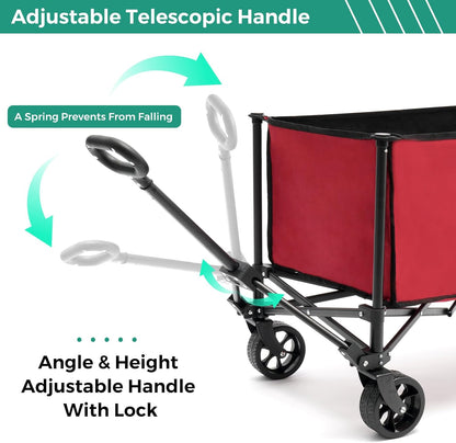 SUNNYFEEL Collapsible Wagon Cart with Wheels Foldable - 176lbs Standard Borderless Version Wagon Carts for Grocery Sports Garden Shopping Camping(Red, 164L)