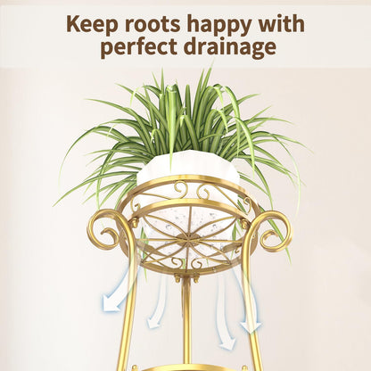 LASZOLA 3 Tier Gold Metal Plant Stand for Multiple Large Planters Indoor Outdoor Organizer, Heavy Duty Tall Flower Stand for Corner Patio Bathroom Office, Modern Sturdy Vertical Iron Rack, Cat Proof