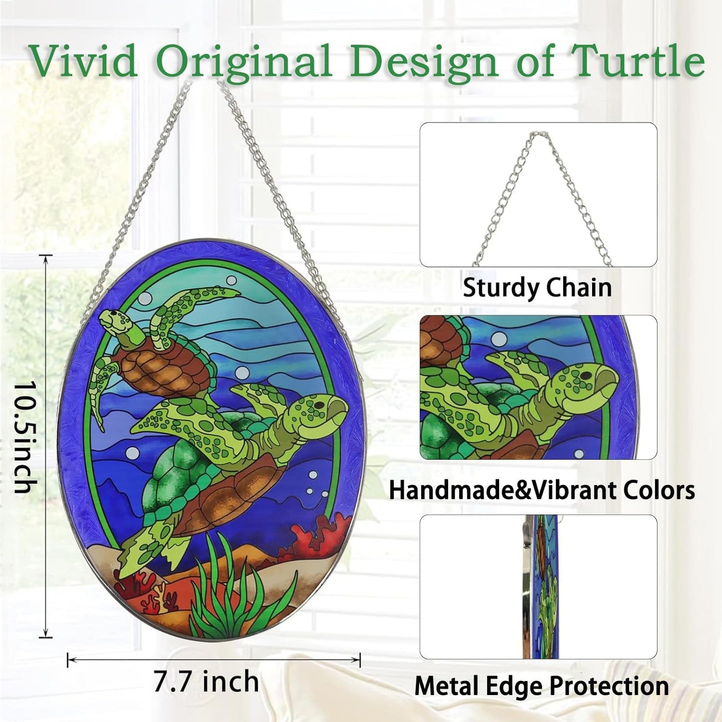 Hanging Ornament, Sea Turtle Stained Glass Window Hangings Suncatcher, 10 inches, Multicolored Ocean Themed Decor for Home, Garden, Indoor Outdoor Use