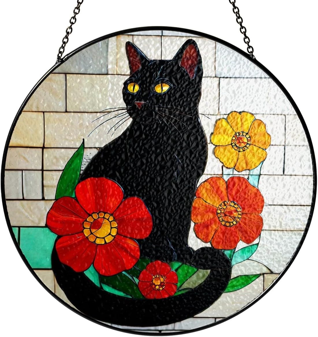 7.8" Black Cat Stained Suncatchers Art Glass Cats Flowers for Sun Catcher Indoor Window Gifts for Pet Animal Nature Floral Lovers Women Grandma Mom Friend Painted Glass Panel Décor PET-01D-SG8