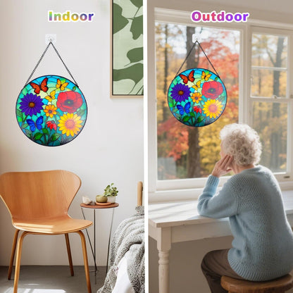 Wildflowers Stained Glass Window Hanging - Wildflowers Suncatcher for Indoor Window, Floral Stained Glass Decor for Garden, Home, Outdoor, Sun Catchers Birthday Gift for Women,Lovers and Mom 12 Inch