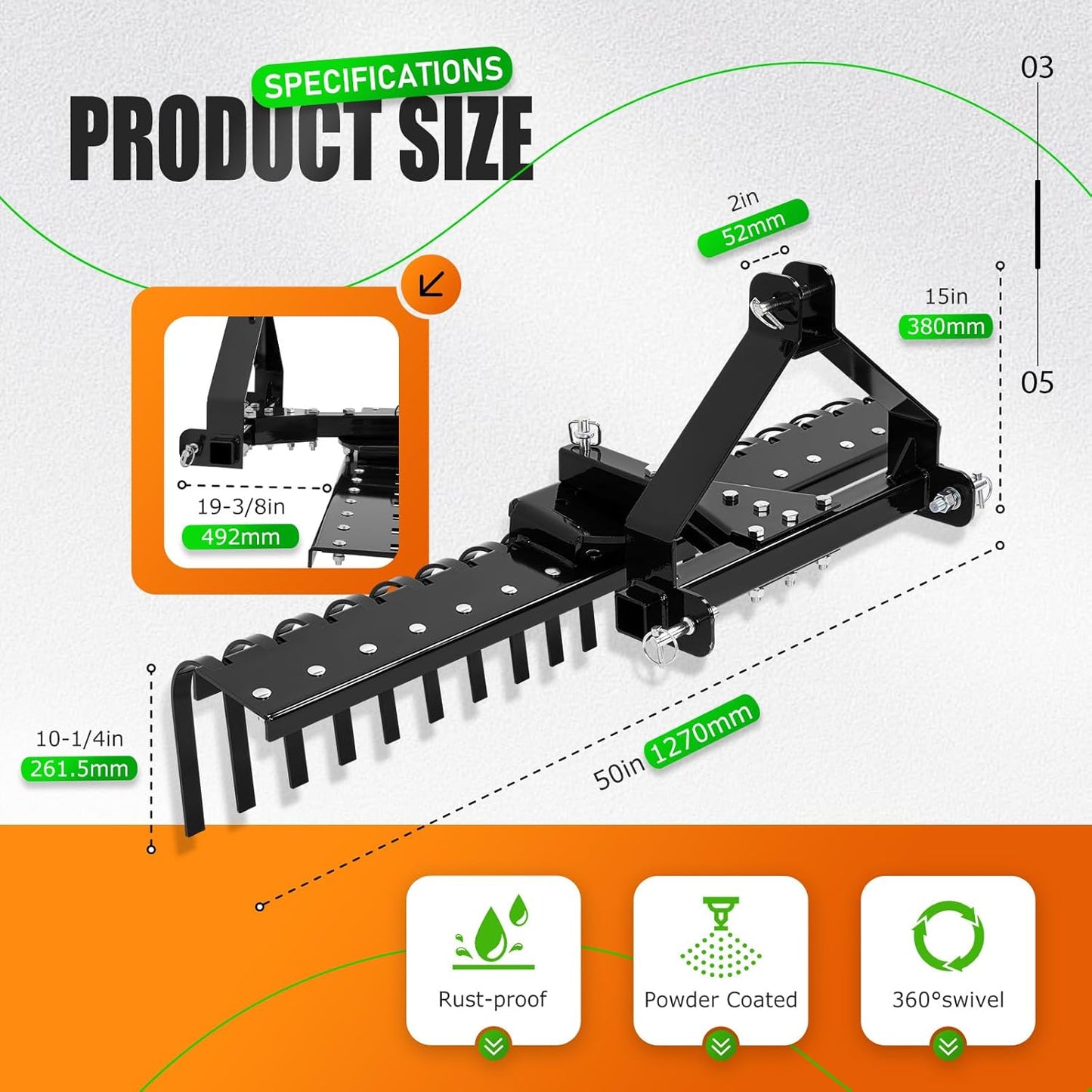 KUAFU 50" 3 Point Landscape Rake for Category-0 Cat-0 Tractor with 360 Degree Rotation, Replaceable Spring Tines and Pin Hith, Rock Attach Rake Tow Behind Dethatcher for Lawn, Garden, Farm, Grass